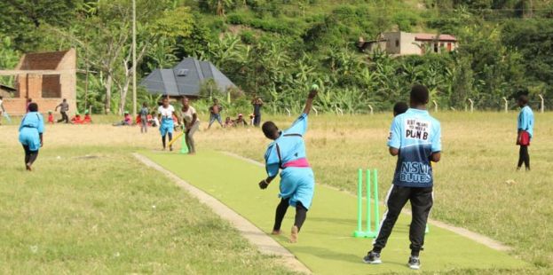 Jolly Ithungu of Kyanjuki Primary School bowling against Katiri Primary School during the Final of the U15 Girls&#039; Tournament.