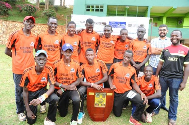 Keswala Knights players show off their shield after beating Stallions to win the GNext Challenge at Lugogo Cricket Oval on Friday. Photo by Eddie Chicco 