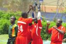 Tornado players celebrate the fall of Tornado B batsman Cyrus Kibuukamusoke at Lugogo Oval on Sunday. He was clean bowled by Franco Nsubuga. PHOTO by E. Chicco 