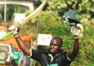 Challengers’ Kyobe salutes the crowd after he reached three figures against Nile in Lugogo on Sunday. Photo By Eddie Chicco 
