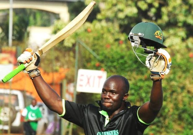 Challengers’ Kyobe salutes the crowd after he reached three figures against Nile in Lugogo on Sunday. Photo By Eddie Chicco 