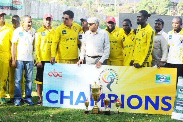 Club owner Aziz Damani (center in shades), captain Ghulam Hunzai (5th L) and CEO Siva Koti Reddy (2nd R) have set out a plan that will see the club grow from strength to strength as a sports club. The club also unveiled two new signings Emmanuel Isaneez (L) and Kenneth Waisawa (4th R). PHOTO BY EDDIE CHICCO 