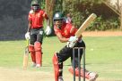 Zimbabwe international Tymcen Maruma (R) hits a boundary to the leg-side against Uganda XI enroute to a three-wicket victory on the opening day of the Quadrangular Series. The victory proved vital in Takashinga’s quest to win the series. PHOTO BY EDDIE CHICCO 