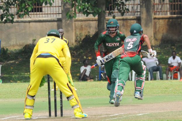 On a mission. Kenya’s Irfan Karim and Dhiren Gondaria make a run during game two of the Easter Cricket Series . PHOTO BY EDDIE CHICCO 