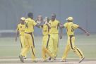 The Baby Cricket Cranes celebrate the fall of a PNG wicket yesterday. PHOTO BY ICC 