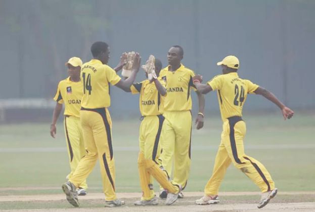 The Baby Cricket Cranes celebrate the fall of a PNG wicket yesterday. PHOTO BY ICC 