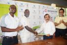 Landmark Deal. UCA chairman Ansasiira (2nd L) shakes hands with Mehta Group CEO Anil Shah (2nd R) after signing Memorandum of Understanding that will see the company pump at Shs45m into the team. PHOTO BY E. CHICCO 
