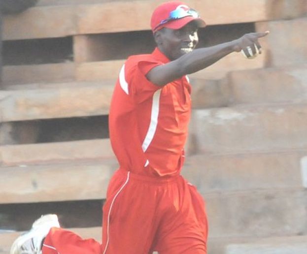 Tornado’s Robin Turinawe celebrates a wicket against KICC last Saturday. PHOTO BY EDDIE CHICCO  