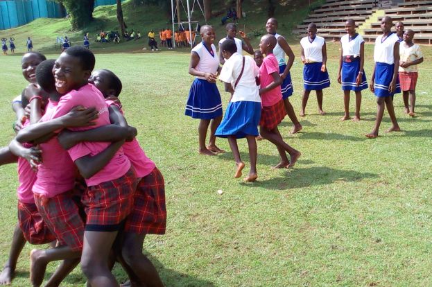 U11 Girls of Balawoli primary school celebrating for winning the Finals of the U11 Girls Category against Green Hill Academy